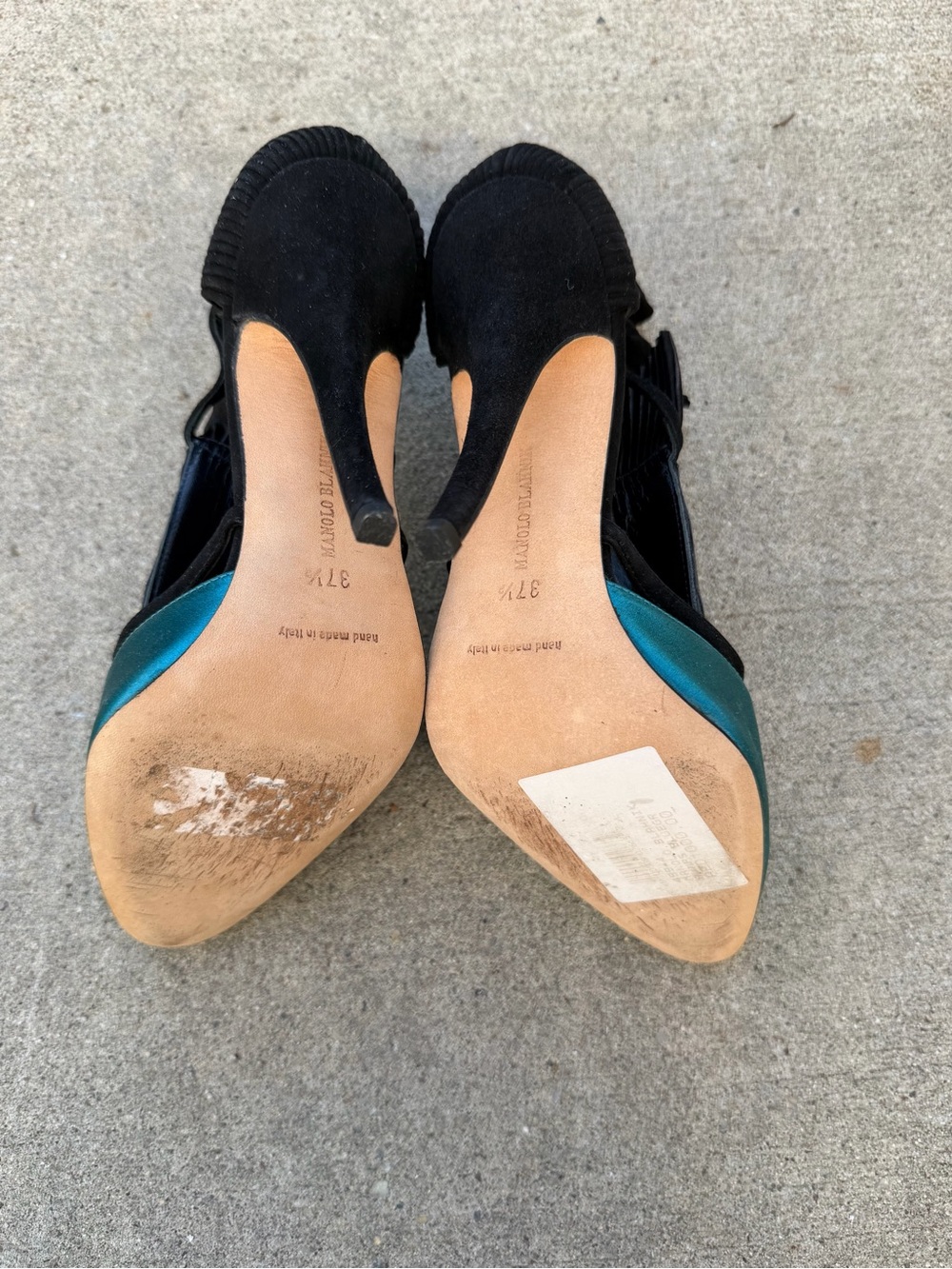 Vintage Rare Manolo Blahnik Black & Teal Silk Dramatic Stiletto Pumps - Picture 5 of 7